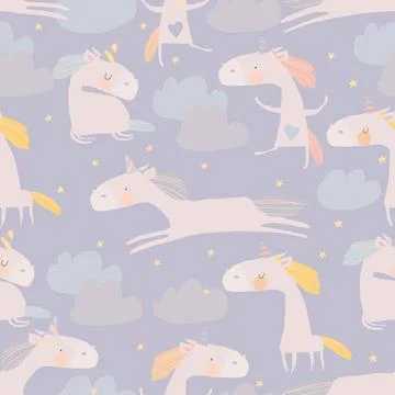 Seamless Pattern with cute Unicorns, Clouds and Stars. Magic Background with イラスト素材