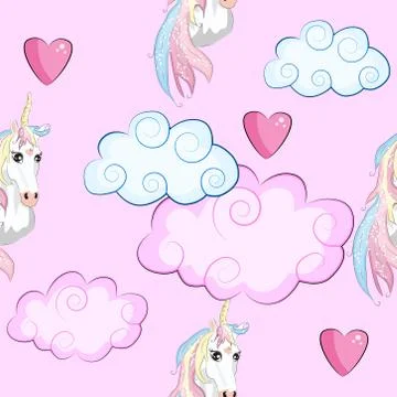 Seamless pattern with cute unicorns, clouds,rainbow and stars. Magic backgrou 스톡 일러스트