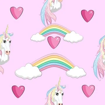 Seamless pattern with cute unicorns, clouds,rainbow and stars. Magic backgrou Stock Illustration