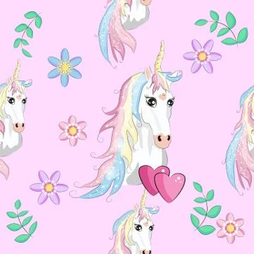 Seamless pattern with cute unicorns, clouds,rainbow and stars. Magic backgrou Stock Illustration