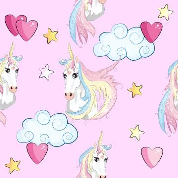 Seamless pattern with cute unicorns, clouds,rainbow and stars. Magic backgrou Stock Illustration