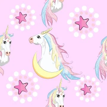 Seamless pattern with cute unicorns, clouds,rainbow and stars. Magic backgrou Stock Illustration