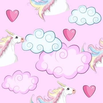 Seamless pattern with cute unicorns, clouds,rainbow and stars. Magic backgrou Stock Illustration