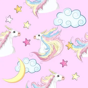 Seamless pattern with cute unicorns, clouds,rainbow and stars. Magic backgrou Stock Illustration