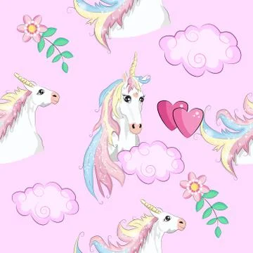 Seamless pattern with cute unicorns, clouds,rainbow and stars. Magic backgrou Stock Illustration
