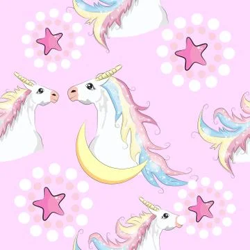 Seamless pattern with cute unicorns, clouds,rainbow and stars. Magic backgrou Stock Illustration