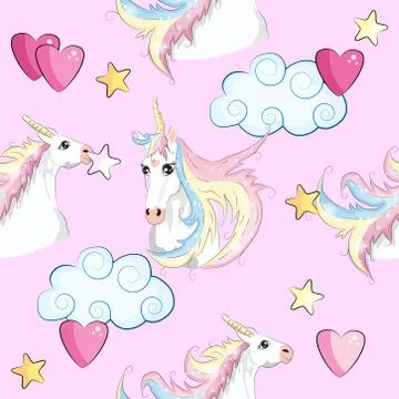 Seamless pattern with cute unicorns, clouds,rainbow and stars. Magic backgrou Illustrazione stock