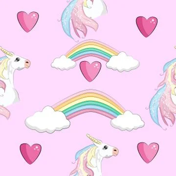 Seamless pattern with cute unicorns, clouds,rainbow and stars. Magic backgrou 스톡 일러스트