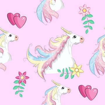 Seamless pattern with cute unicorns, clouds,rainbow and stars. Magic backgrou Stock Illustration