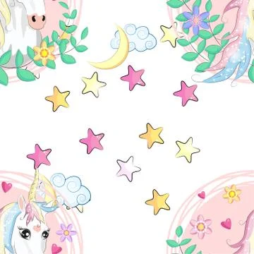 Seamless pattern with cute unicorns, clouds,rainbow and stars. Magic backgrou Stock Illustration