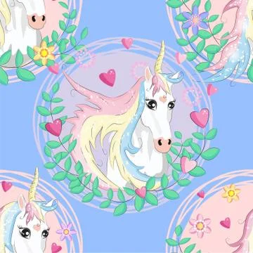 Seamless pattern with cute unicorns, clouds,rainbow and stars. Magic backgrou Stock Illustration