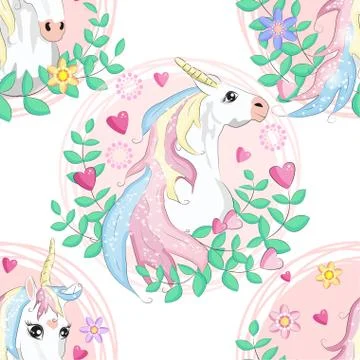Seamless pattern with cute unicorns, clouds,rainbow and stars. Magic backgrou Stock Illustration