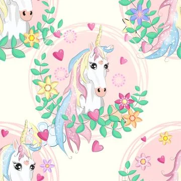 Seamless pattern with cute unicorns, clouds,rainbow and stars. Magic backgrou Stock Illustration