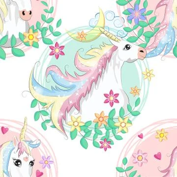 Seamless pattern with cute unicorns, clouds,rainbow and stars. Magic backgrou Stock Illustration