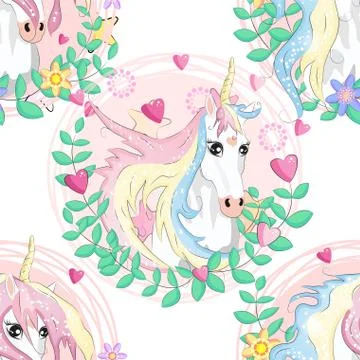 Seamless pattern with cute unicorns, clouds,rainbow and stars. Magic backgrou Stock Illustration