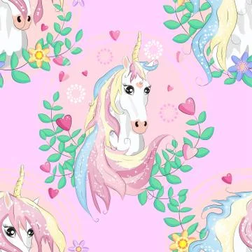 Seamless pattern with cute unicorns, clouds,rainbow and stars. Magic backgrou Stock Illustration