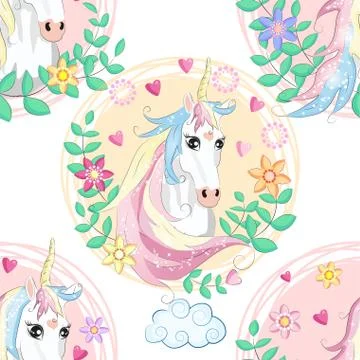Seamless pattern with cute unicorns, clouds,rainbow and stars. Magic backgrou 스톡 일러스트