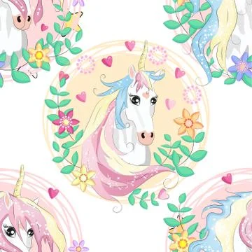 Seamless pattern with cute unicorns, clouds,rainbow and stars. Magic backgrou Illustrazione stock