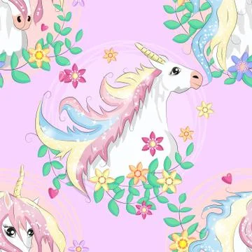 Seamless pattern with cute unicorns, clouds,rainbow and stars. Magic backgrou 스톡 일러스트