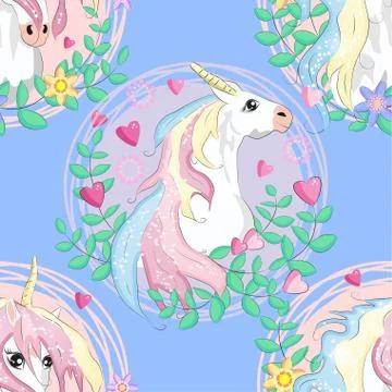 Seamless pattern with cute unicorns, clouds,rainbow and stars. Magic backgrou Stock Illustration