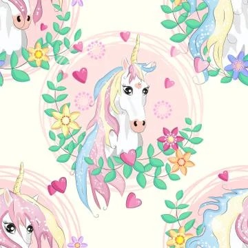 Seamless pattern with cute unicorns, clouds,rainbow and stars. Magic backgrou 스톡 일러스트