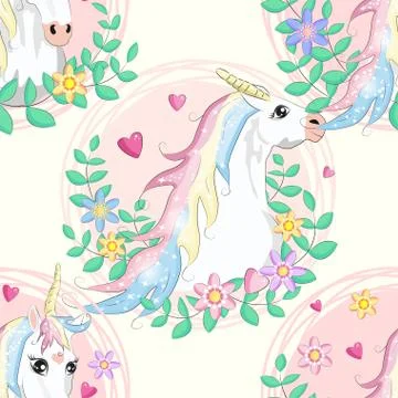 Seamless pattern with cute unicorns, clouds,rainbow and stars. Magic backgrou Stock Illustration