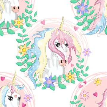 Seamless pattern with cute unicorns, clouds,rainbow and stars. Magic backgrou Stock Illustration
