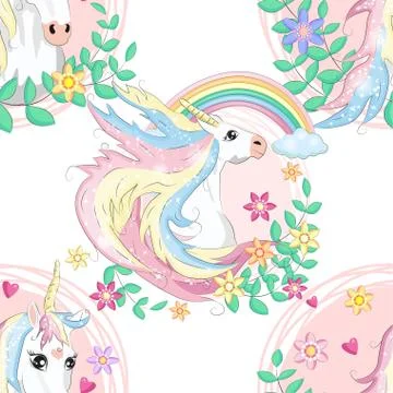 Seamless pattern with cute unicorns, clouds,rainbow and stars. Magic backgrou Stock Illustration