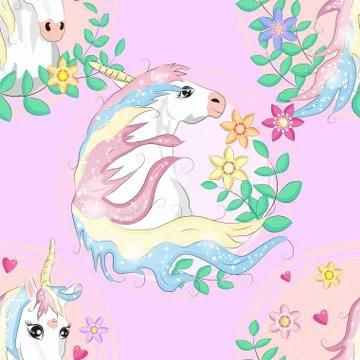Seamless pattern with cute unicorns, clouds,rainbow and stars. Magic backgrou Stock Illustration