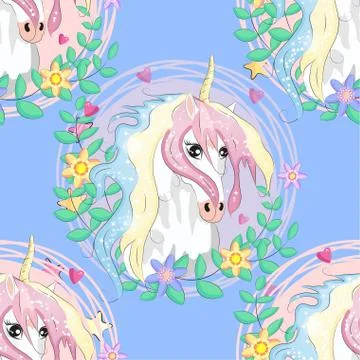 Seamless pattern with cute unicorns, clouds,rainbow and stars. Magic backgrou Stock Illustration