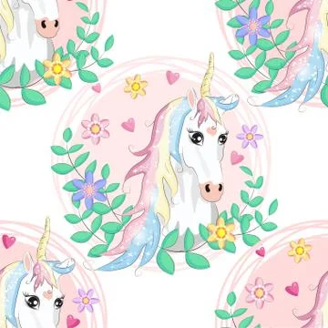 Seamless pattern with cute unicorns, clouds,rainbow and stars. Magic backgrou Stock Illustration
