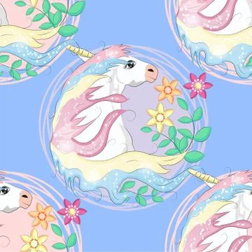 Seamless pattern with cute unicorns, clouds,rainbow and stars. Magic backgrou Stock Illustration