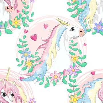 Seamless pattern with cute unicorns, clouds,rainbow and stars. Magic backgrou 스톡 일러스트