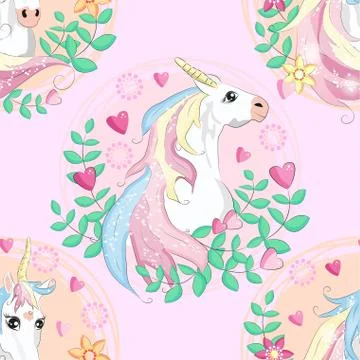 Seamless pattern with cute unicorns, clouds,rainbow and stars. Magic backgrou Stock Illustration