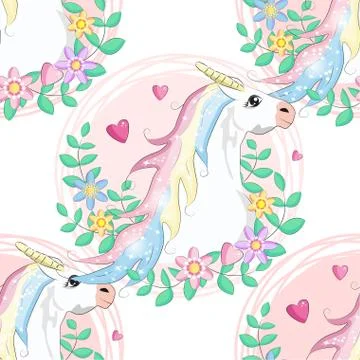 Seamless pattern with cute unicorns, clouds,rainbow and stars. Magic backgrou Stock Illustration