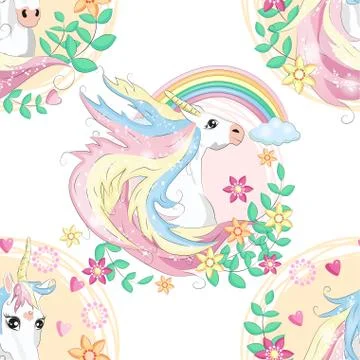 Seamless pattern with cute unicorns, clouds,rainbow and stars. Magic backgrou 스톡 일러스트