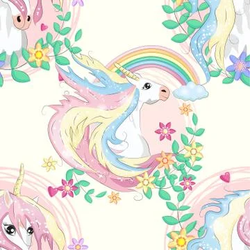 Seamless pattern with cute unicorns, clouds,rainbow and stars. Magic backgrou Stock Illustration