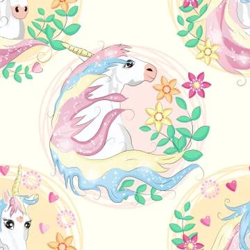 Seamless pattern with cute unicorns, clouds,rainbow and stars. Magic backgrou Stock Illustration