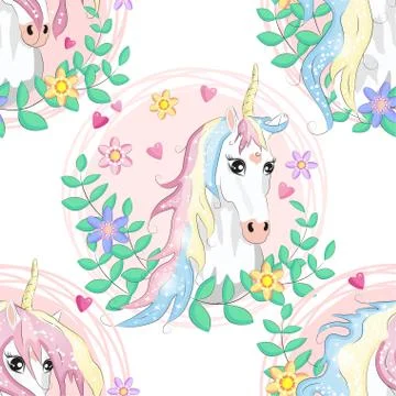 Seamless pattern with cute unicorns, clouds,rainbow and stars. Magic backgrou 스톡 일러스트