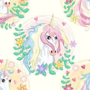 Seamless pattern with cute unicorns, clouds,rainbow and stars. Magic backgrou Stock Illustration