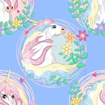 Seamless pattern with cute unicorns, clouds,rainbow and stars. Magic backgrou Stock Illustration