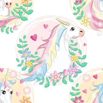 Seamless pattern with cute unicorns, clouds,rainbow and stars. Magic backgrou 스톡 일러스트