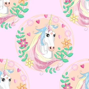 Seamless pattern with cute unicorns, clouds,rainbow and stars. Magic backgrou Stock Illustration