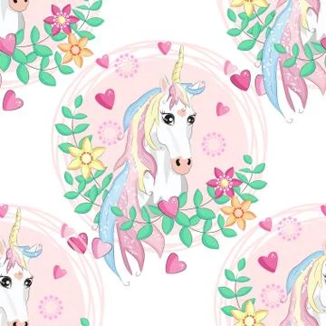 Seamless pattern with cute unicorns, clouds,rainbow and stars. Magic backgrou Stock Illustration
