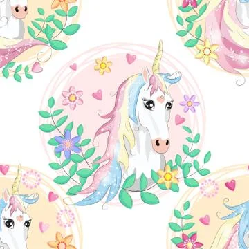 Seamless pattern with cute unicorns, clouds,rainbow and stars. Magic backgrou Stock Illustration