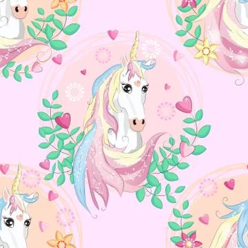 Seamless pattern with cute unicorns, clouds,rainbow and stars. Magic backgrou Illustrazione stock