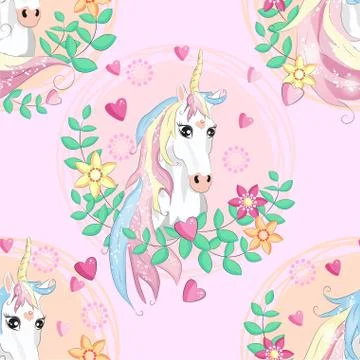 Seamless pattern with cute unicorns, clouds,rainbow and stars. Magic backgrou Stock Illustration