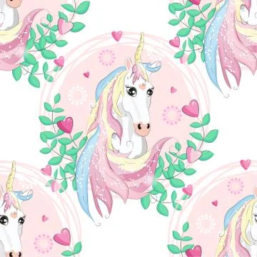 Seamless pattern with cute unicorns, clouds,rainbow and stars. Magic backgrou Stock Illustration