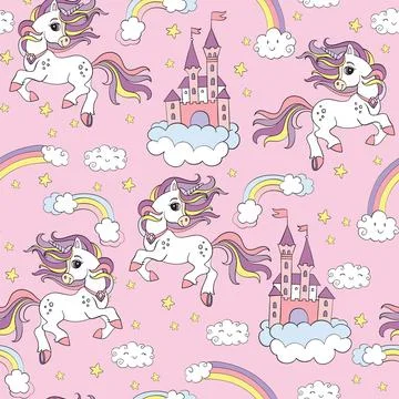 Seamless pattern cute unicorns in the cloudy sky vector Illustrazione stock