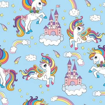 Seamless pattern cute unicorns in the cloudy sky blue Stock Illustration